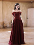 Wine Red A-line Satin Off Shoulder Party Dress, Satin Floor Length Evening Dress
